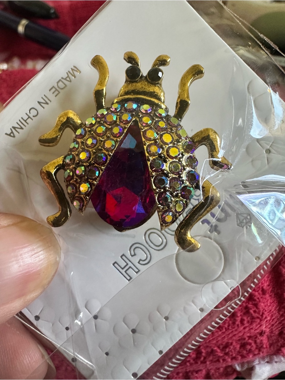 Gold-Tone Beetle Brooch with Fuchsia Teardrop Crystal -